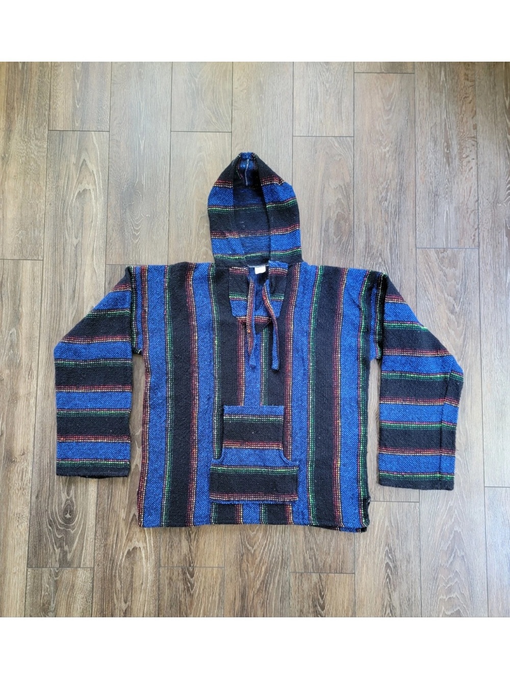 Artesanias Tlaxcaltecas Mexican Blanket Poncho Hoodie XL Black Blue Multi Stripe